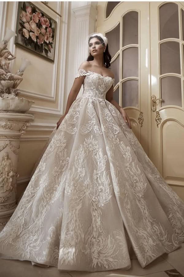 Off-the-Shoulder Floor-Length Church A-Line Wedding Dress with Lace Appliques BM bride