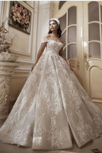 Off-the-Shoulder Floor-Length Church A-Line Wedding Dress with Lace Appliques BM bride