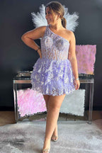 Sparkly Black Tiered Lace One Shoulder Short Homecoming Dress
