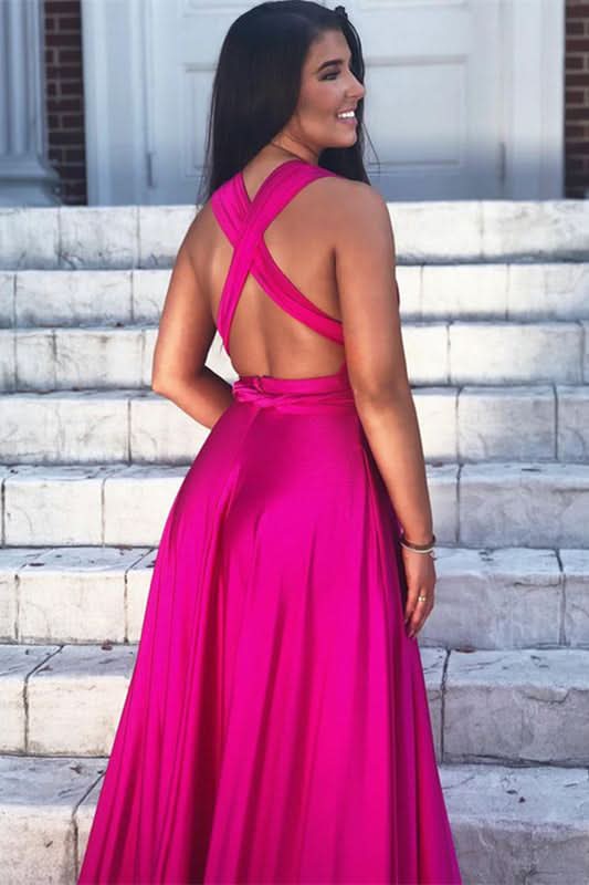 Fuchsia Sleeveless V-Neck A-Line Prom Dress with Split BM bride