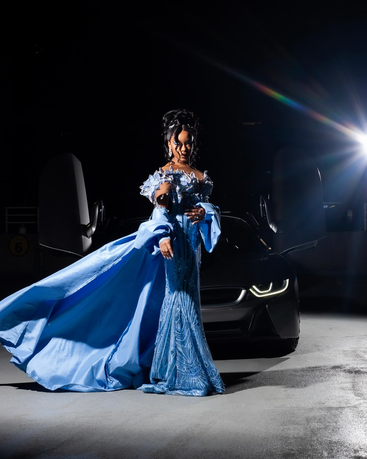 The Sky Diamond - 2026 Off-Shoulder Beaded Mermaid Gown: White Floral Appliqués with Crystal Fringe & Blue Satin Sleeves