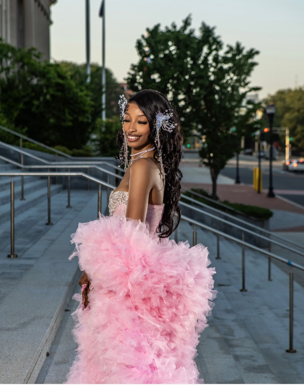 The Pink Princess - 2026 Crystal Beaded Mermaid Gown: Blush Pink with Silver Geometric Crystals & Dramatic Tulle Ruffle Overskirt