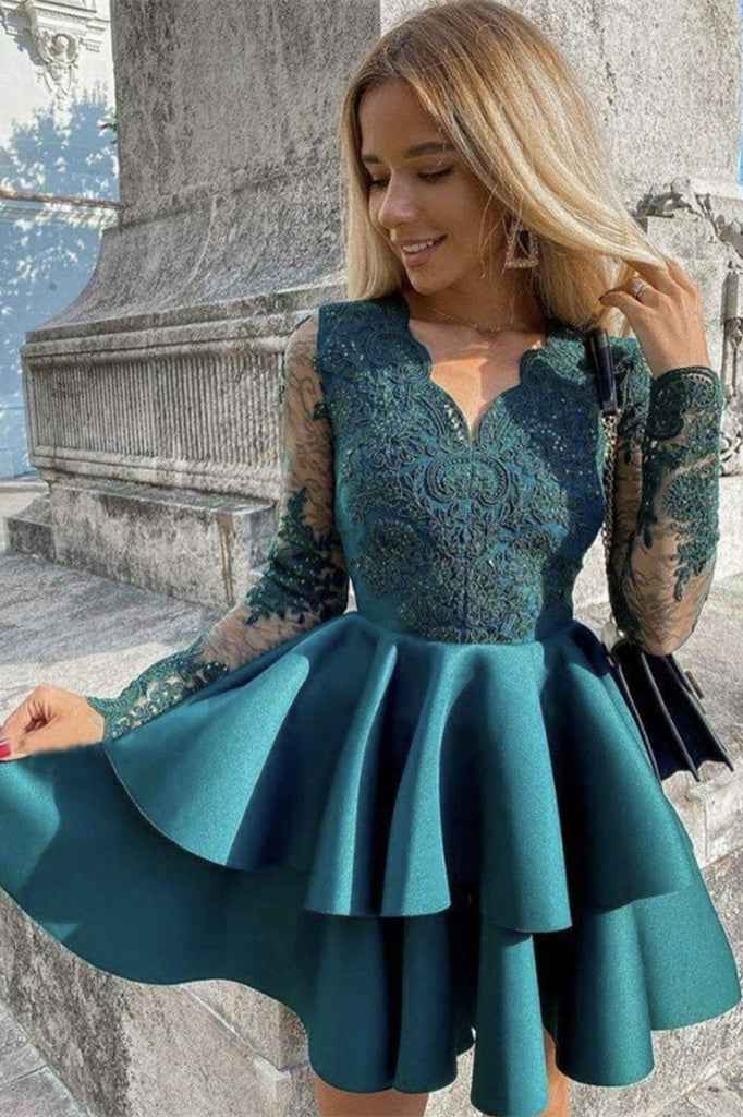 Chic Short V Neck Long Sleeves High Waist Ruffles Prom Dress With Appliques