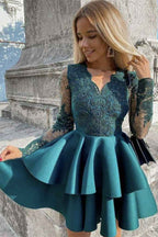 Chic Short V Neck Long Sleeves High Waist Ruffles Prom Dress With Appliques