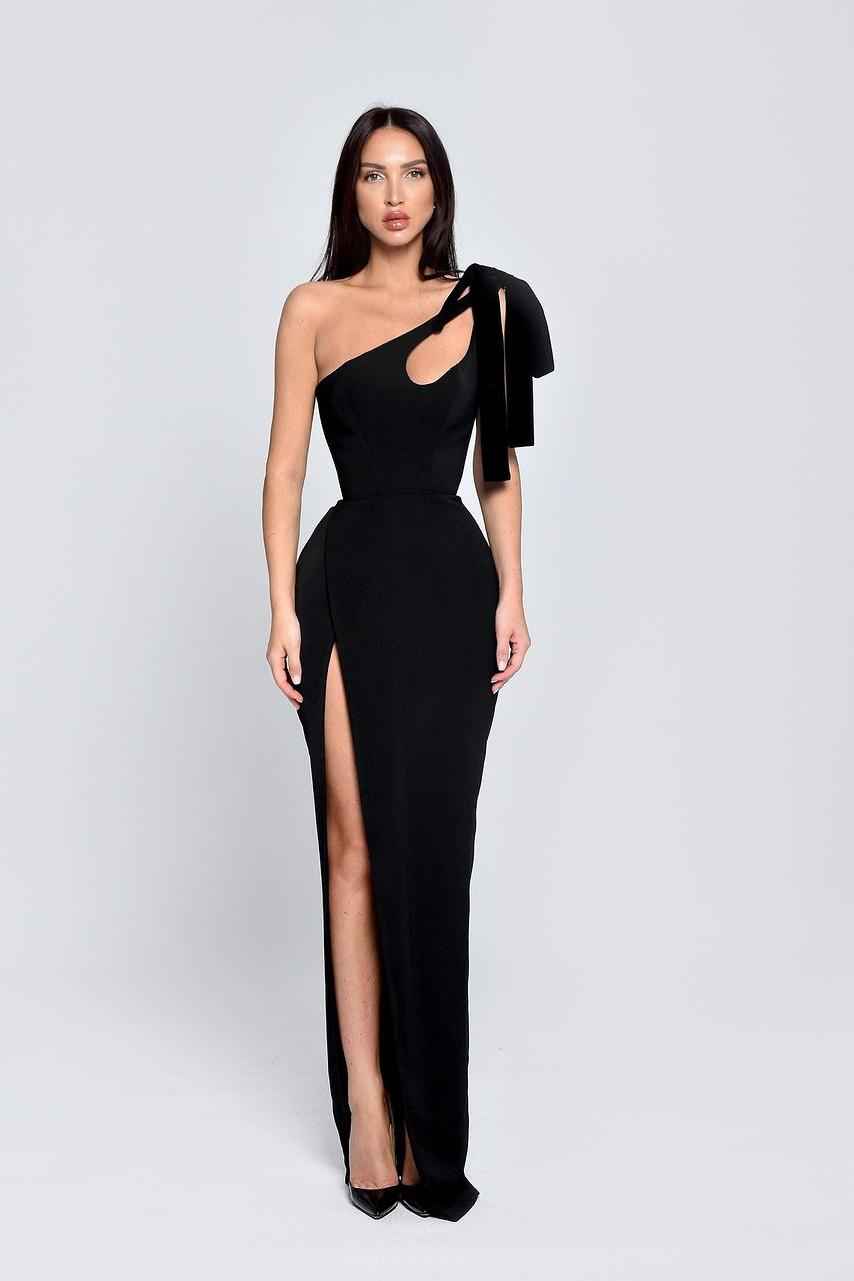 Black One Shoulder Sleeveless Bowknot Prom Dress With Front Split