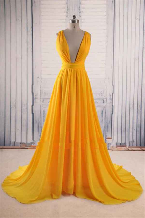 Beautiful Orange Deep V Neck Sleeveless A Line Long Prom Dress