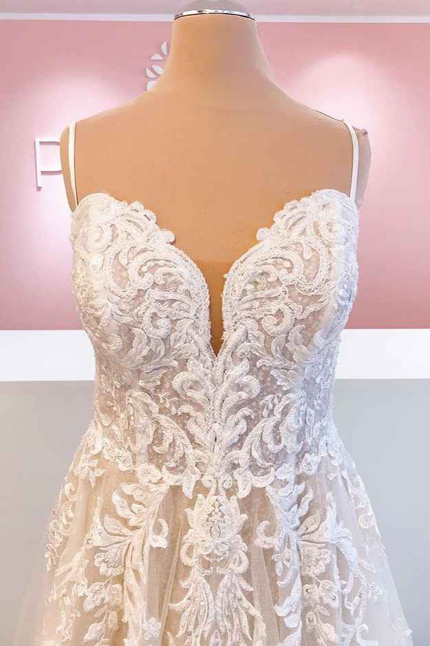 Spaghetti Strap A-Line Tulle Backless Wedding Dress with Lace Appliques BM bride