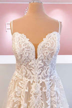 Spaghetti Strap A-Line Tulle Backless Wedding Dress with Lace Appliques BM bride