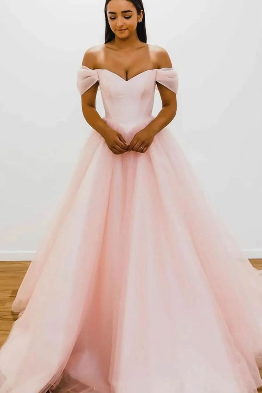 Blushing Pink Off-The-Shoulder Evening Dress with V-Neck and Strapless Tulle BM bride