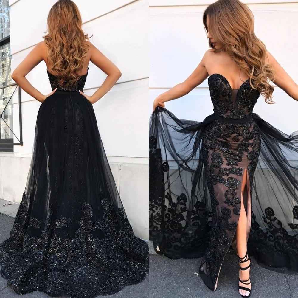 Tulle Sweetheart Strapless Split Long Lace Prom Dress With Ruffles