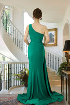 Beautiful Green One Shoulder Sleeveless Prom Dress with Slit BM bride