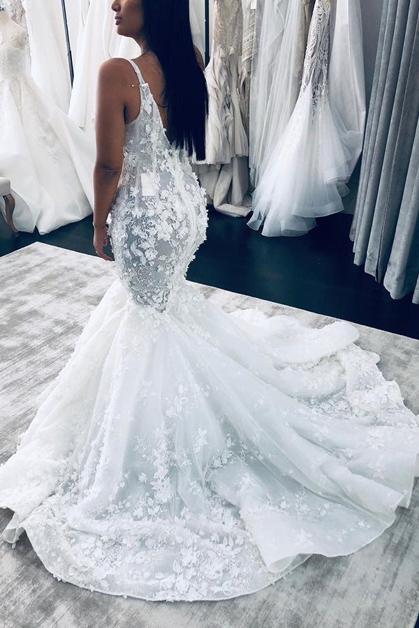 Floral Sleeveless Beaded Strap Mermaid Wedding Dress with V-Neck BM bride