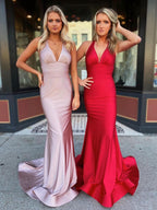 Chic Red Satin Mermaid Tight V Neck Long Prom Dress with Bow Tie BM bride