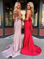 Chic Red Satin Mermaid Tight V Neck Long Prom Dress with Bow Tie BM bride