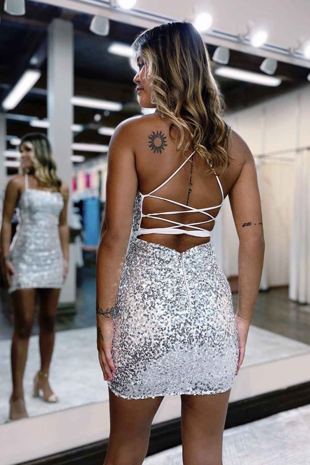 Sparkly Black Sequined Zipper Spaghetti Straps Tight Short Homecoming Dress Bmbride