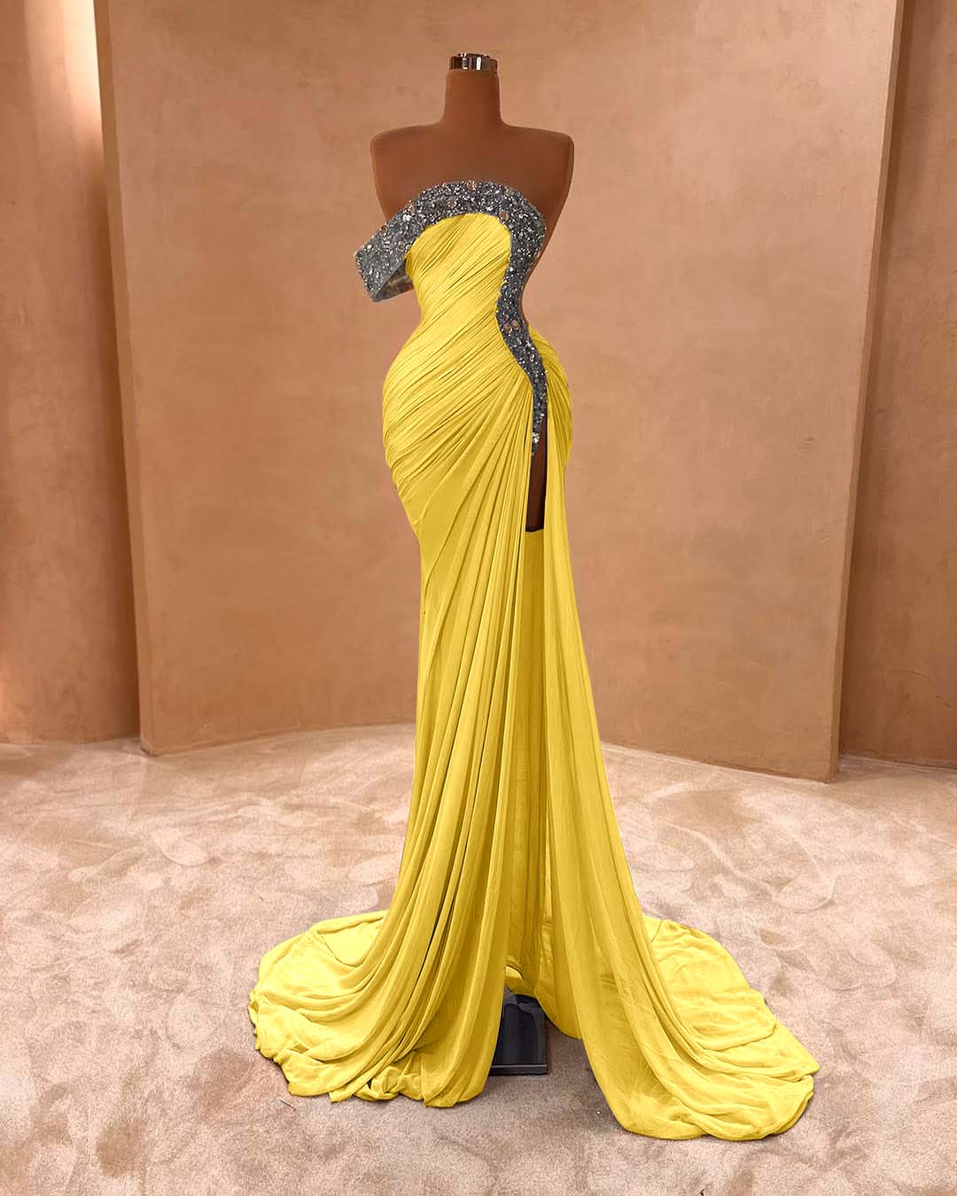 One Shoulder Sleeveless Long Split Prom Dress With Pleated Sequins BMBRIDE