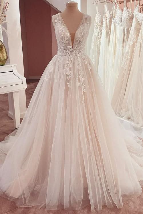 A-Line Wide Strap Ruffle Wedding Dress with Lace Appliques and Tulle BM bride