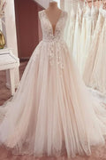 A-Line Wide Strap Ruffle Wedding Dress with Lace Appliques and Tulle BM bride