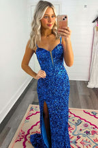 Dazzling Mermaid Sweetheart Blue Sequins Long Prom Dress with a Stylish Slit BM bride