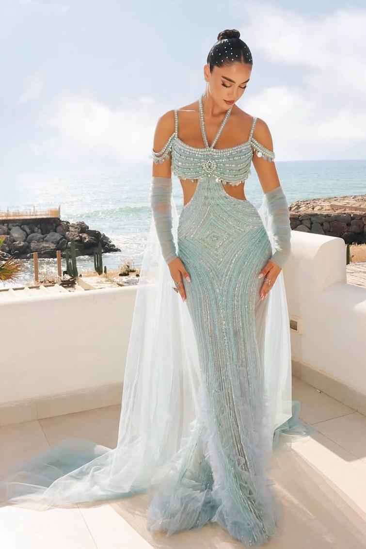 Spaghetti Strap Sleeveless Long Prom Dress With Beading Tulle