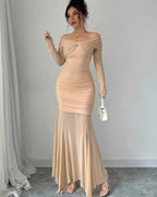 Glamorous Off-The-Shoulder Long Sleeves Mermaid Prom Dress With Pleated HF0002