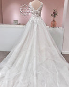 Vintage A-Line Deep V-Neck Backless Ruffle Wedding Dress with Tulle and Lace Appliques BM bride