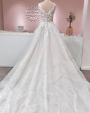 Vintage A-Line Deep V-Neck Backless Ruffle Wedding Dress with Tulle and Lace Appliques BM bride