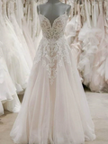 Spaghetti-Straps Sleeveless Tulle Wedding Dress With Appliques BM bride