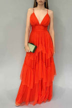Tulle Spaghetti Strap V Neck Sleeveless Backless Long Prom Dress