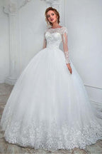 Ball Gown Long Sleeve Jewel Wedding Dress with Tulle Lace BM bride