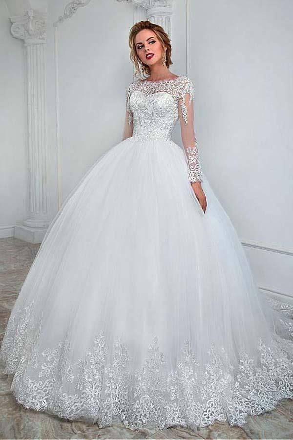 Ball Gown Long Sleeve Jewel Wedding Dress with Tulle Lace BM bride