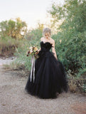 Classy Black Sweetheart Long Wedding Dress with Open Back and Lace Tulle BM bride