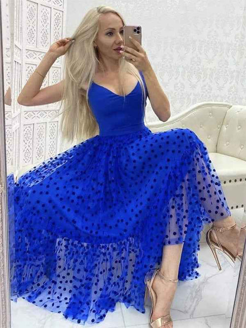 Blue A Line V Neck Tulle Tea Length Prom Dress BMBRIDE