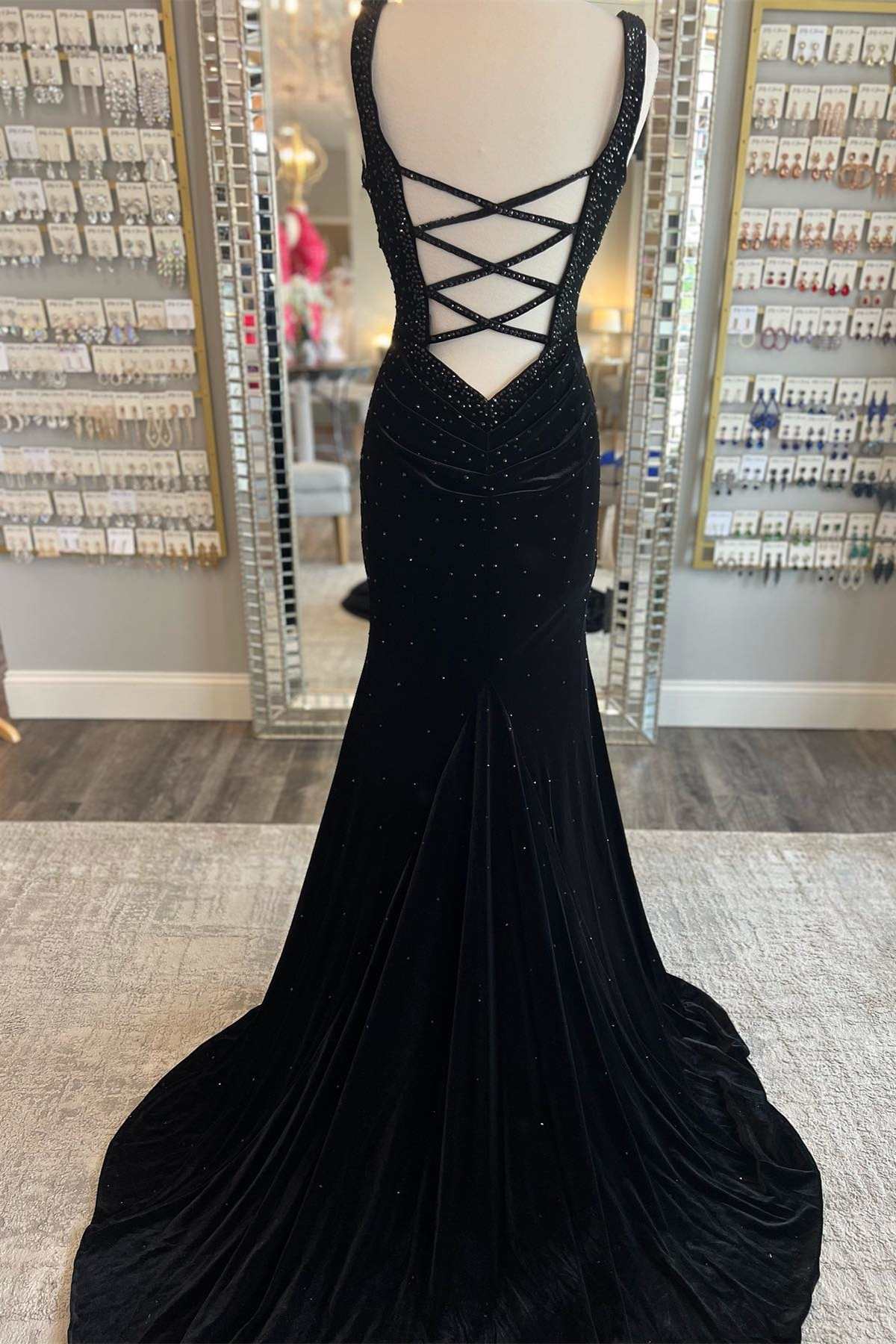Fashionable Emerald Velvet V-Neck Cutout Back Mermaid Long Formal Dress BM bride