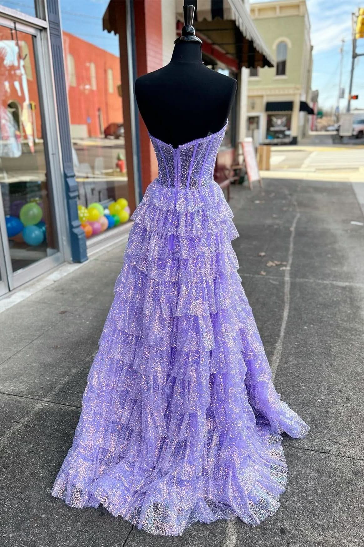 Elegant Glitter Tulle Corset Ruffle Tiered Long Prom Dress with Slit BM bride