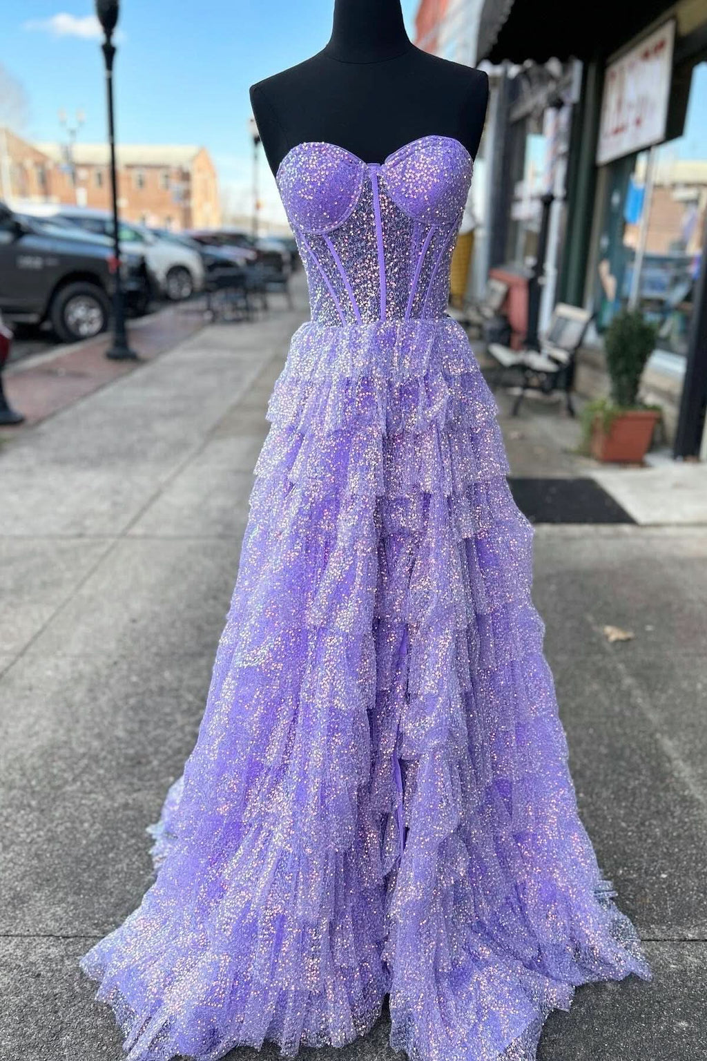 Elegant Glitter Tulle Corset Ruffle Tiered Long Prom Dress with Slit BM bride