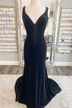 Fashionable Emerald Velvet V-Neck Cutout Back Mermaid Long Formal Dress BM bride