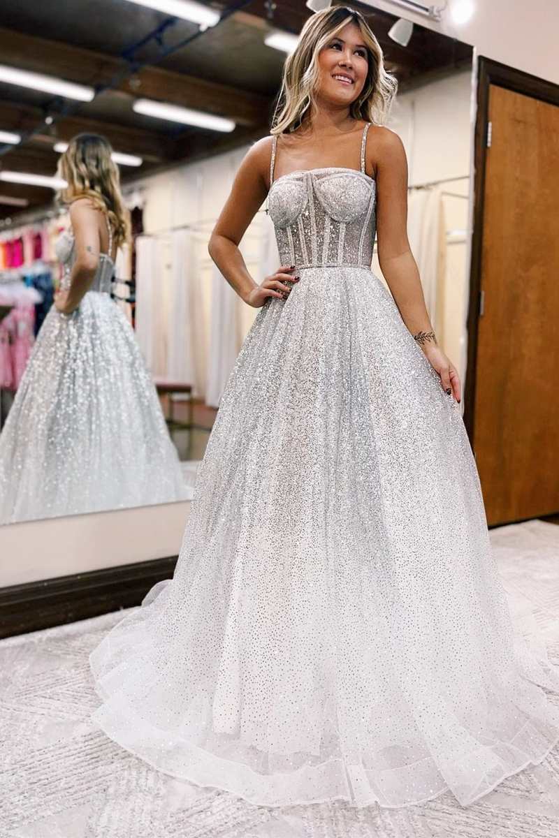 Elegant Silver Ombre Sequins Princess Straps A-Line Prom Gown BM bride