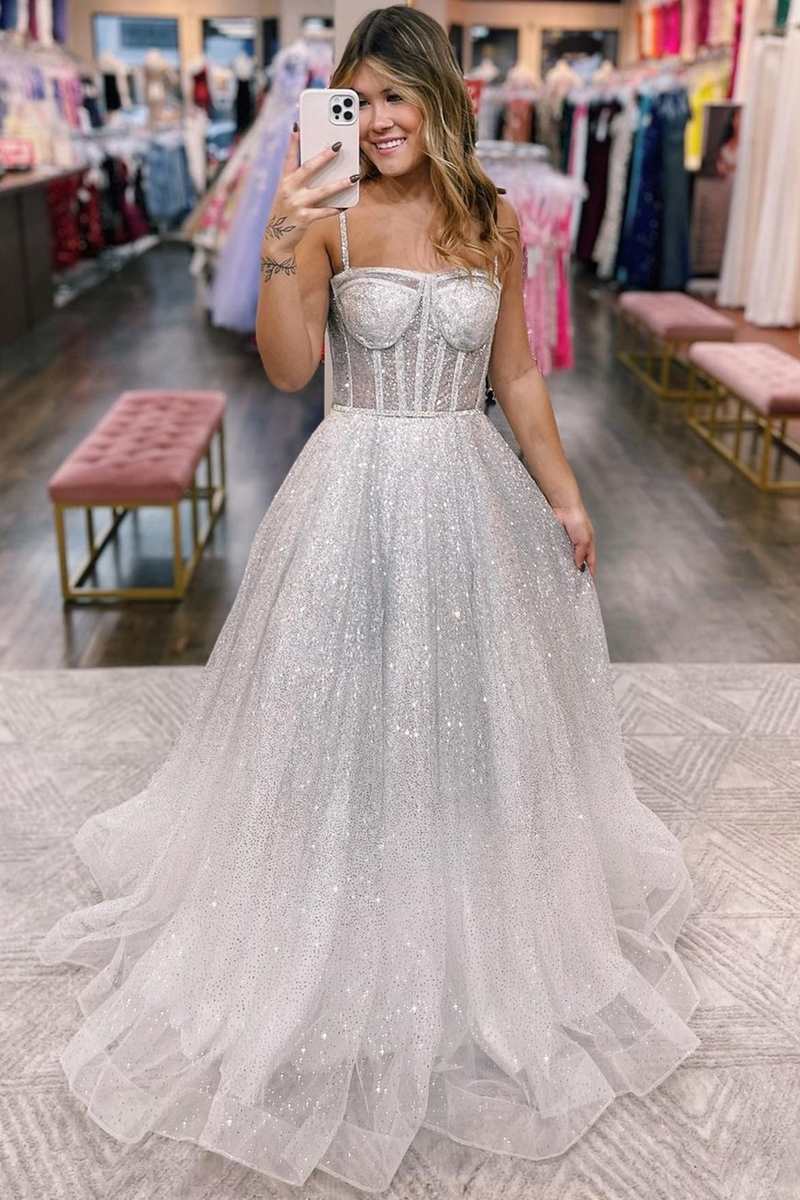 Elegant Silver Ombre Sequins Princess Straps A-Line Prom Gown BM bride