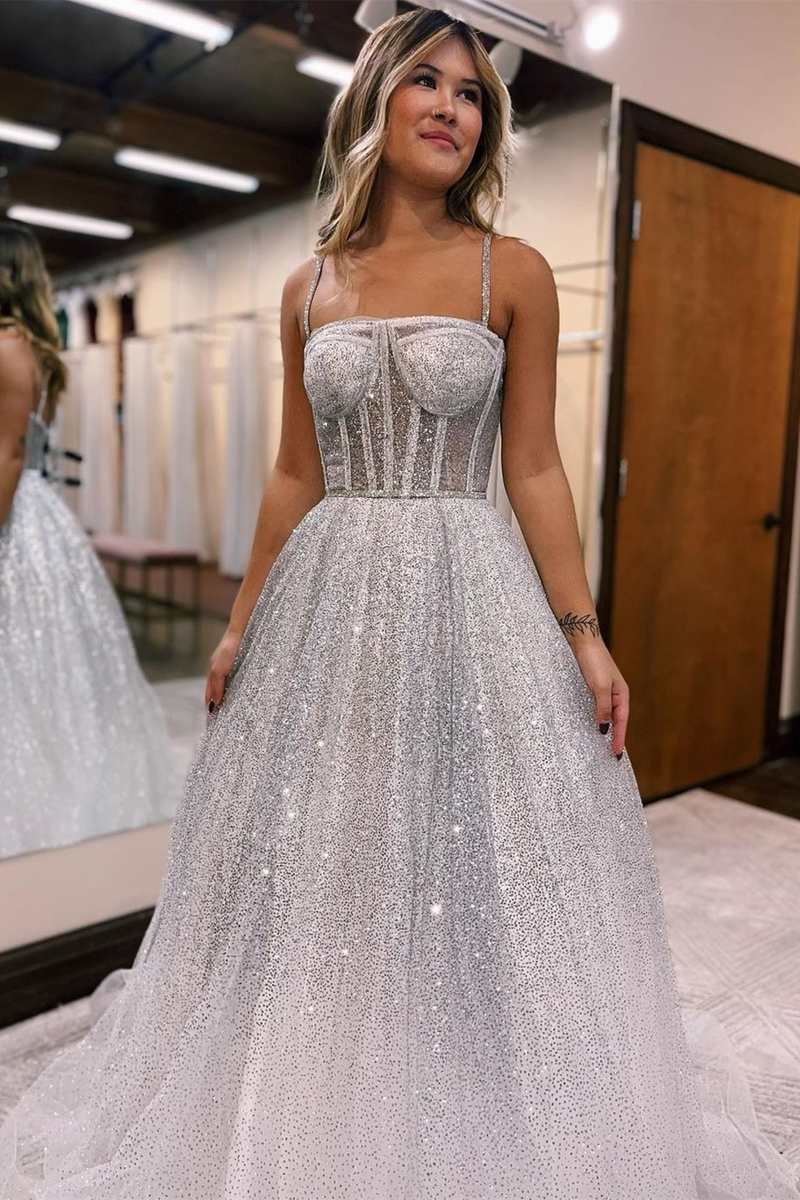 Elegant Silver Ombre Sequins Princess Straps A-Line Prom Gown BM bride