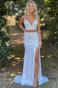 Daring Mermaid Two Piece V Neck Sequins Prom Dress BM bride