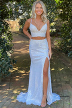 Daring Mermaid Two Piece V Neck Sequins Prom Dress BM bride