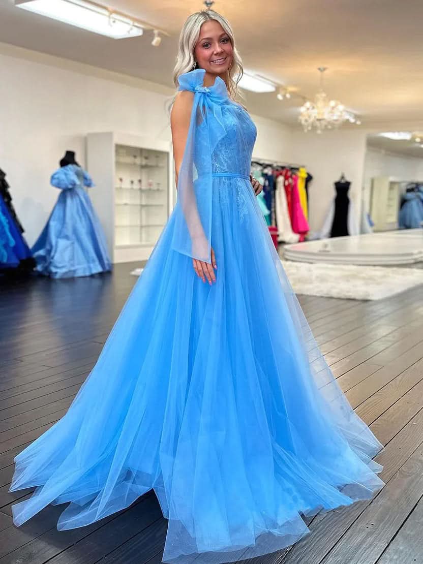 Cute A Line One Shoulder Blue Tulle Prom Dress with Appliques BM bride