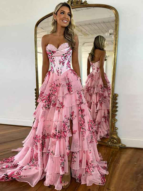Pink A-Line Strapless Sweetheart Print Tiered Tulle Long Prom Dress with Slit BMBRIDE