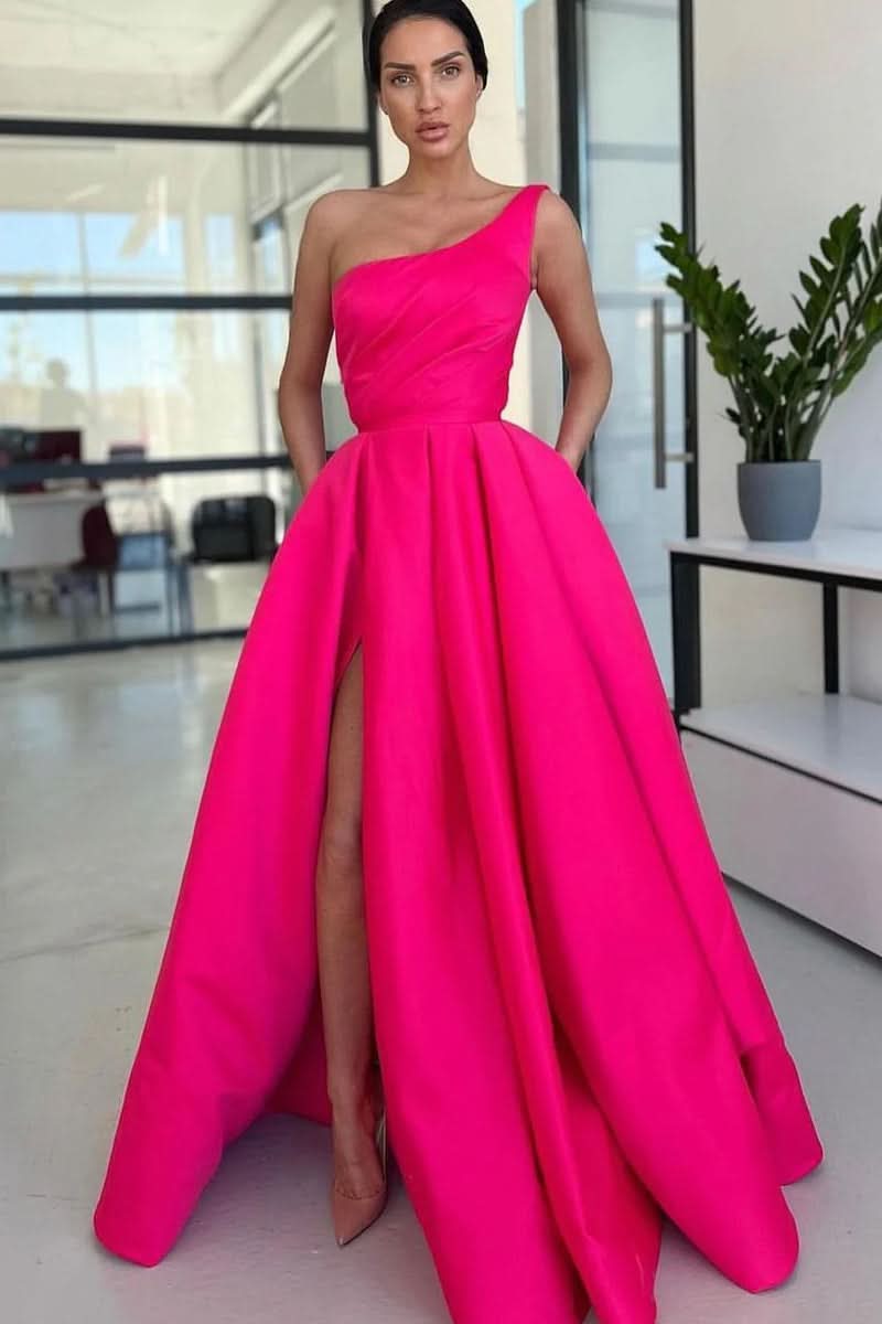 Charming A-Line One Shoulder Fuchsia Sequins Long Prom Dress with Slit BM bride