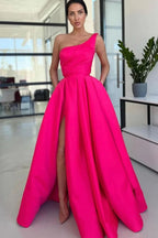 Charming A-Line One Shoulder Fuchsia Sequins Long Prom Dress with Slit BM bride