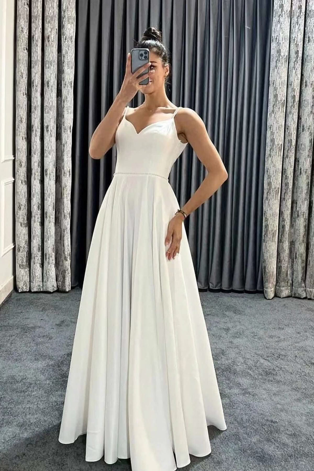Spaghetti-Straps Sleeveless Long Evening Dress V-Neck On Sale with Beads BM bride