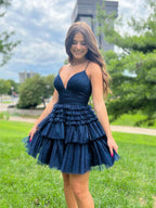 Deep V Neck Tiered A-Line Short Homecoming Dress BM bride