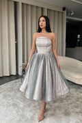 Silver Strapless Short A-Line Prom Dress with Sequins BM bride