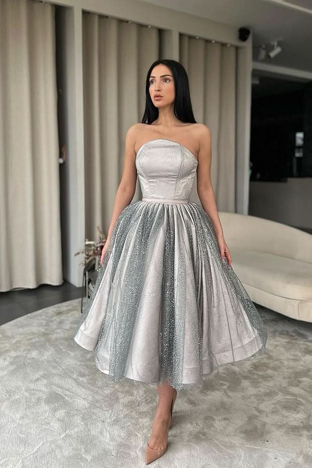 Silver Strapless Short A-Line Prom Dress with Sequins BM bride